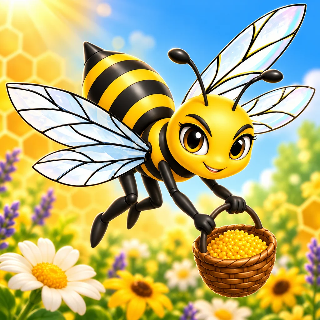Buzzy, a smiling golden bee with iridescent wings, carrying a wicker basket of pollen