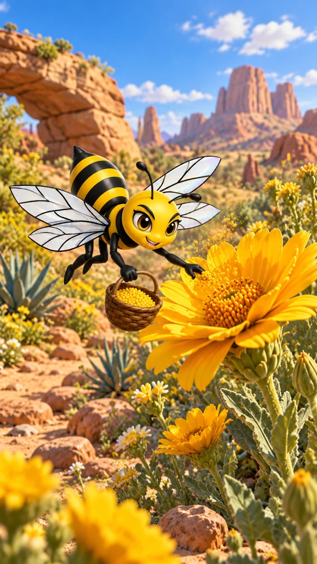 Artwork of Buzzy collecting pollen in the desert