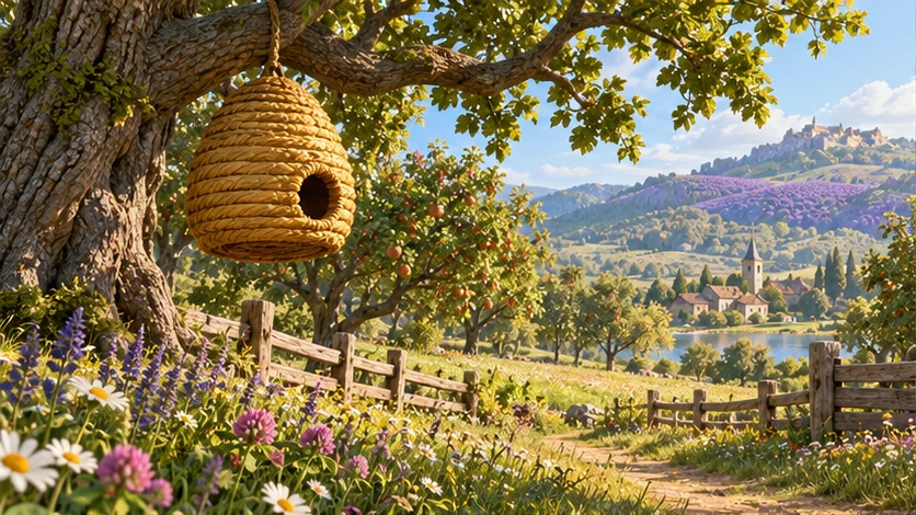 Buzzy’s golden beehive among meadow flowers